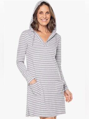 Coolibar Catalina Beach Cover Up Dress L Gray White Stripe Hooded UPF 50+ Bamboo